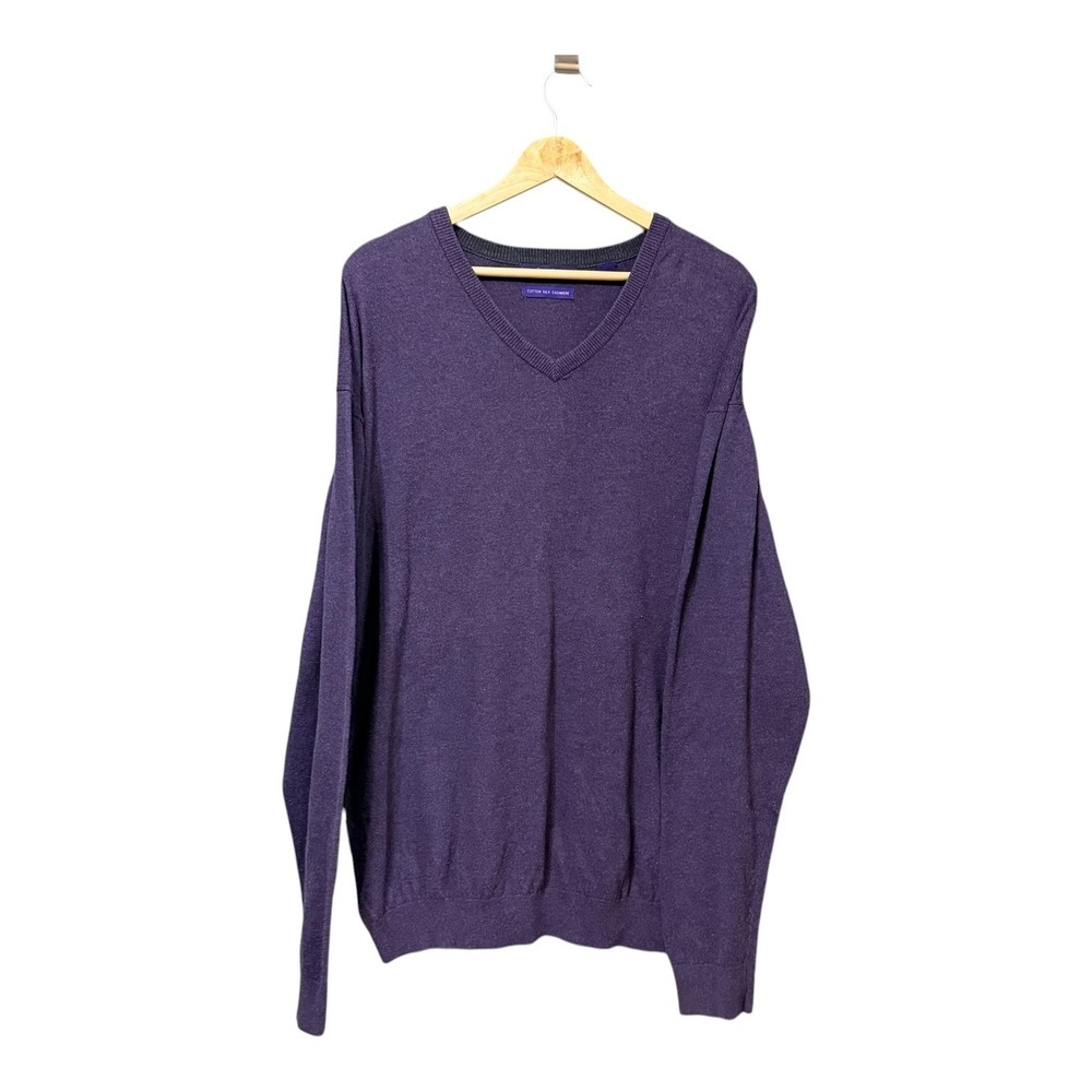 Alan Flusser Mens XXL Purple Cotton Silk Cashmere VNeck Knit Sweater Long Sleeve